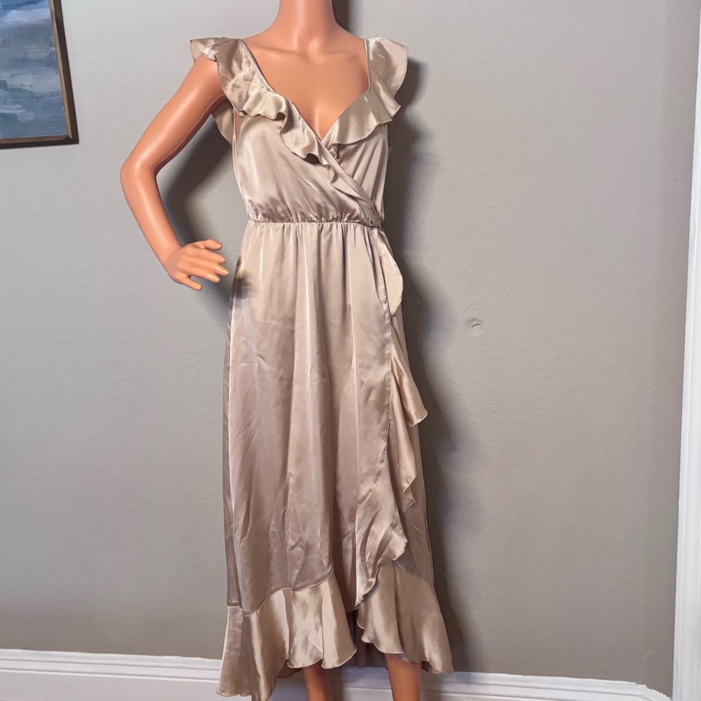 Show Me Your Mumu Satin Wrap Dress XS Champagne Ruffle High Low Maxi